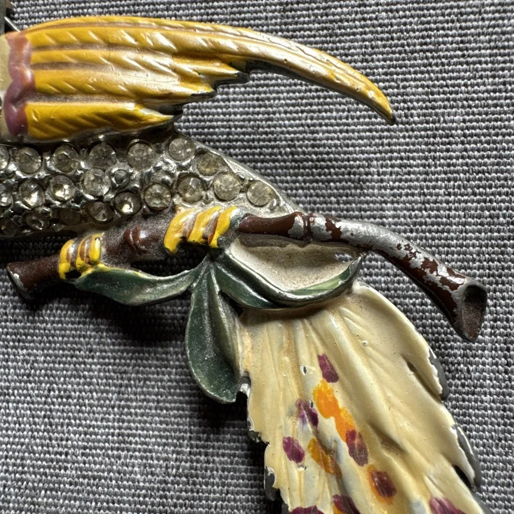 VTG Large Bird Perched Colorful Enamel‎ Pot Metal Rhinestone 1930-1940 Brooch